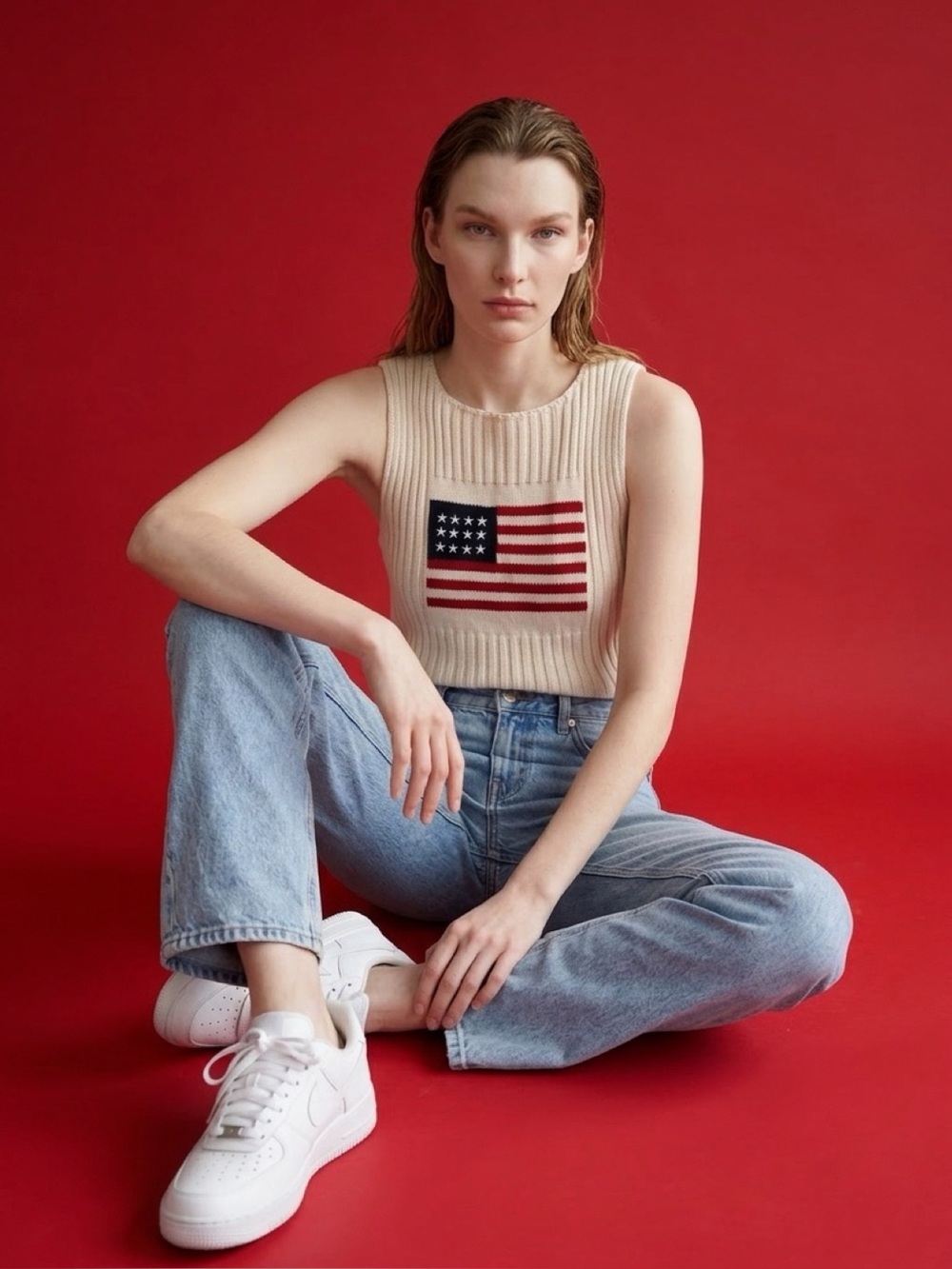 Women’s Cream Ribbed Knit Tank with Flag Detail